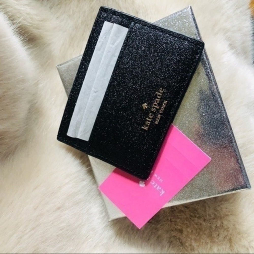 Kate Spade Black Glitter Card Holder Wallet Logo Embossed NWT